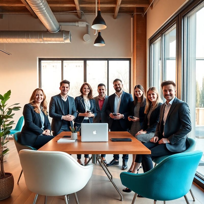 Team di cinque professionisti in uno spazio di co-working luminoso a Brescia